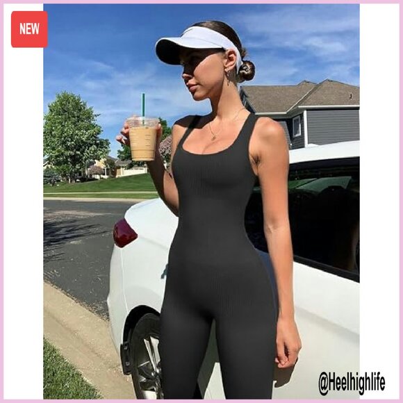 Seamless Ribbed Jumpsuit Yoga Workout Bodycon Romper - Picture 5 of 7